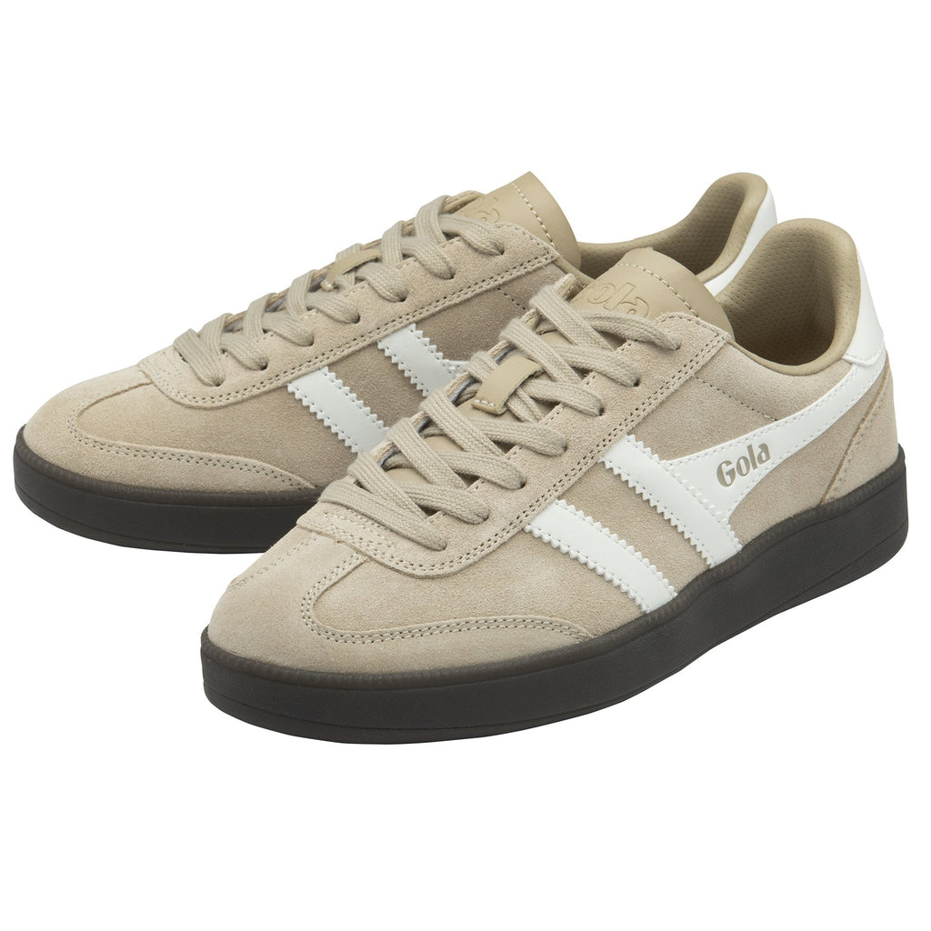 A pair of Gola low-top sneakers in beige with white stripes, side by side.