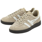 A pair of Gola low-top sneakers in beige with white stripes, side by side.