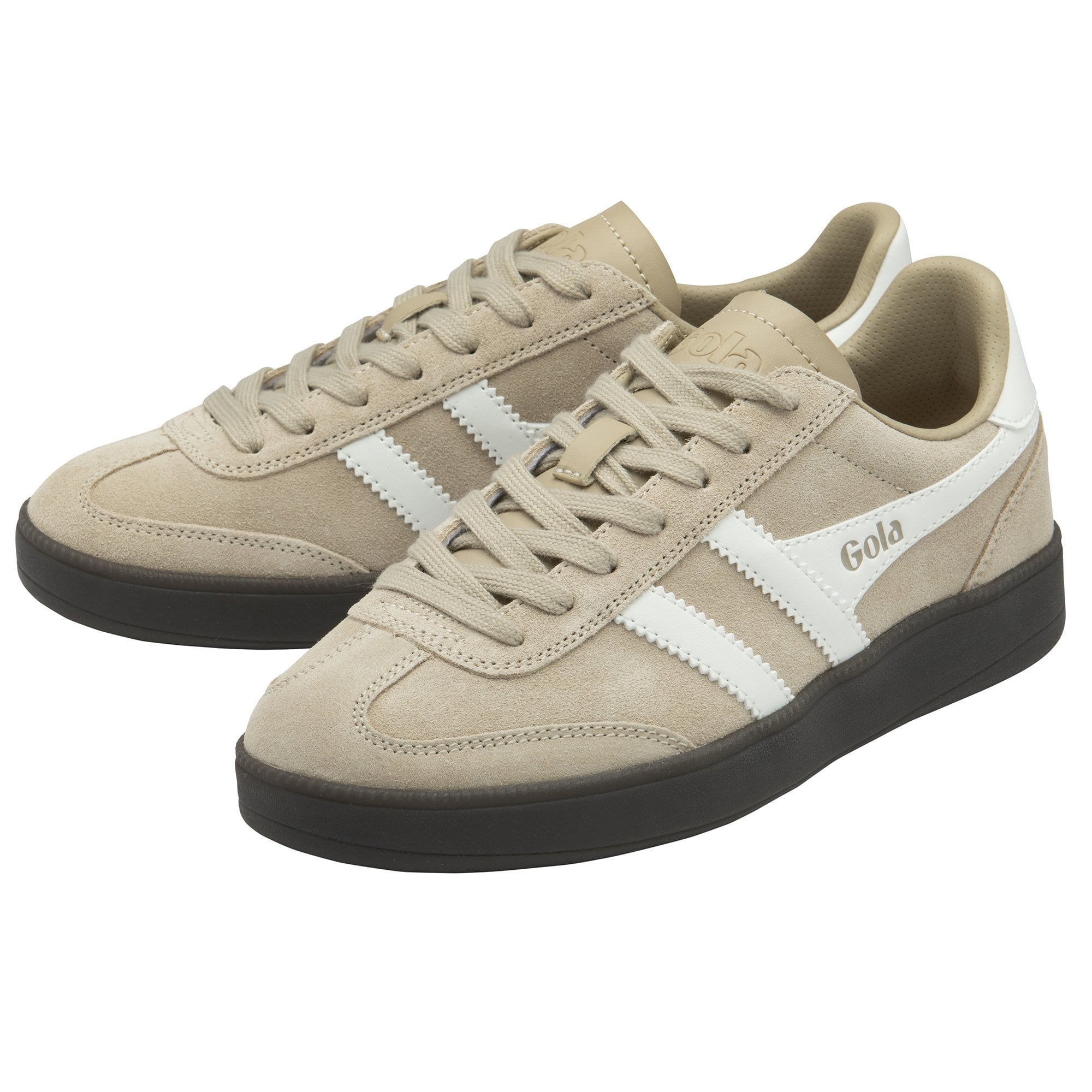 A pair of Gola low-top sneakers in beige with white stripes, side by side.