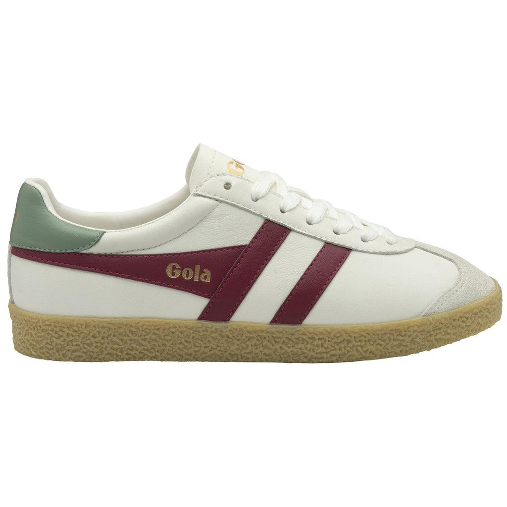 A white Gola sneaker with burgundy stripes on a white background.