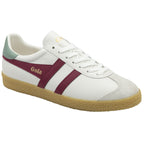 A white Gola sneaker with burgundy stripes against a white background.