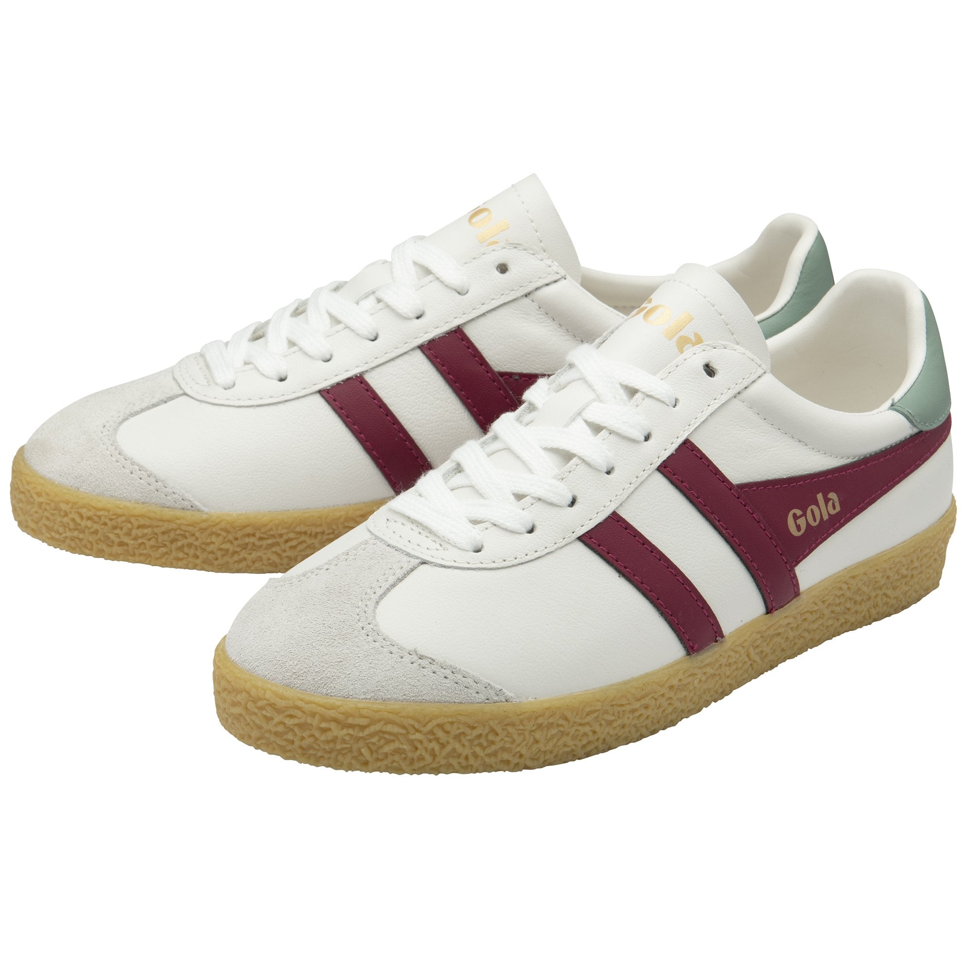 A pair of white Gola sneakers with burgundy stripes.