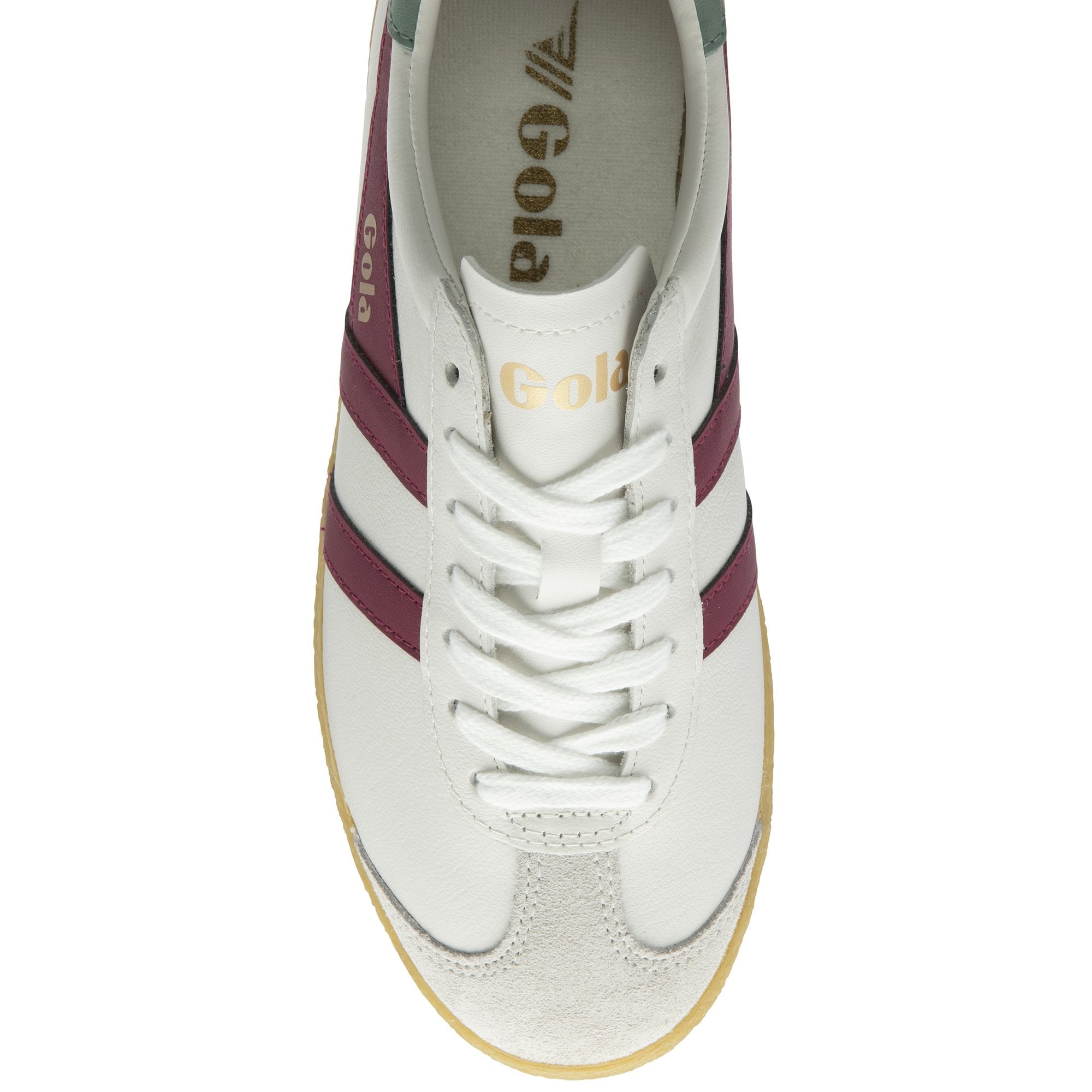 Top-down view of a white Gola sneaker with burgundy stripes.