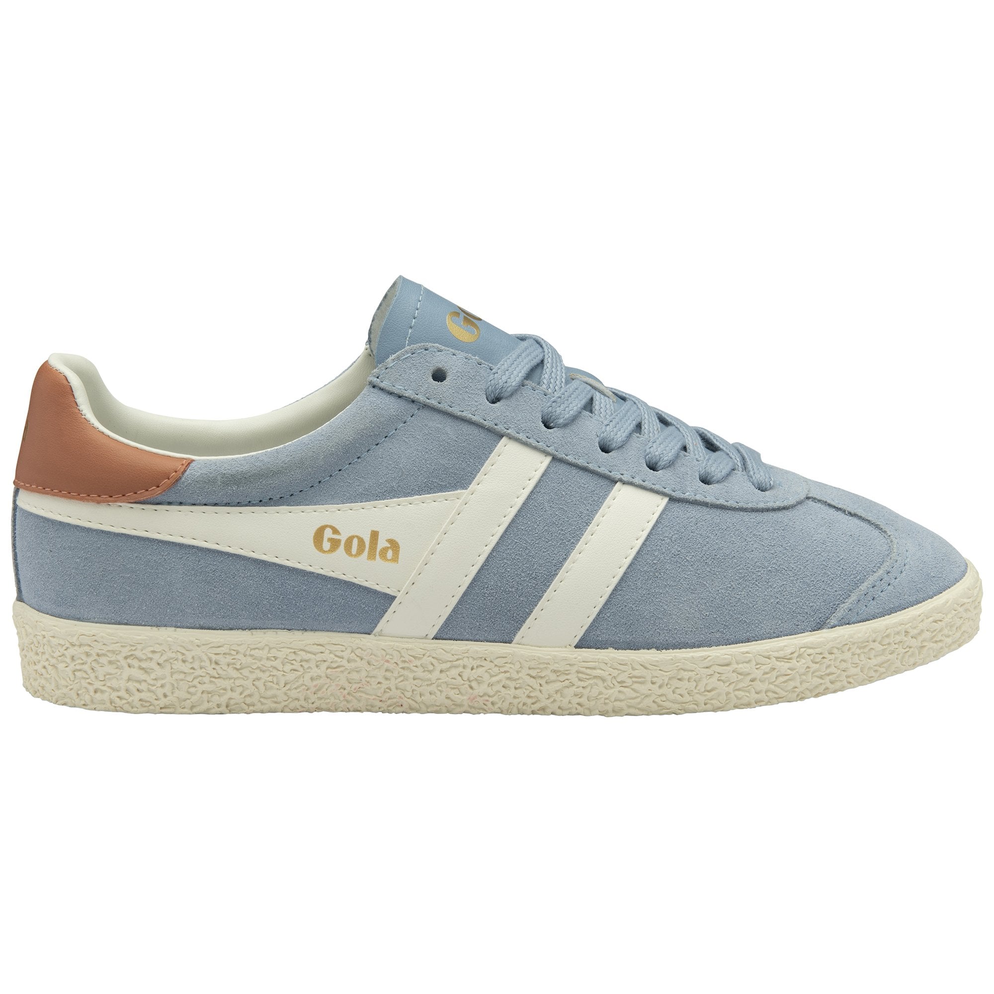 Light blue Gola sneaker with white stripes and a tan heel tab.