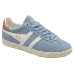 Light blue Gola sneaker with white stripes, a tan heel tab, angled from the front.