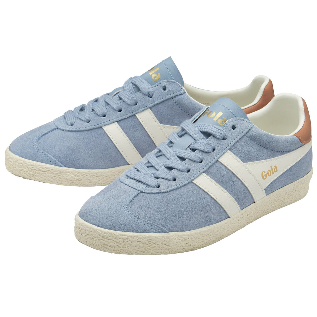 Pair of light blue Gola sneakers with white stripes and tan heel tabs.