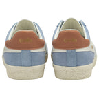 Rear view of two light blue Gola sneakers with tan heel tabs.
