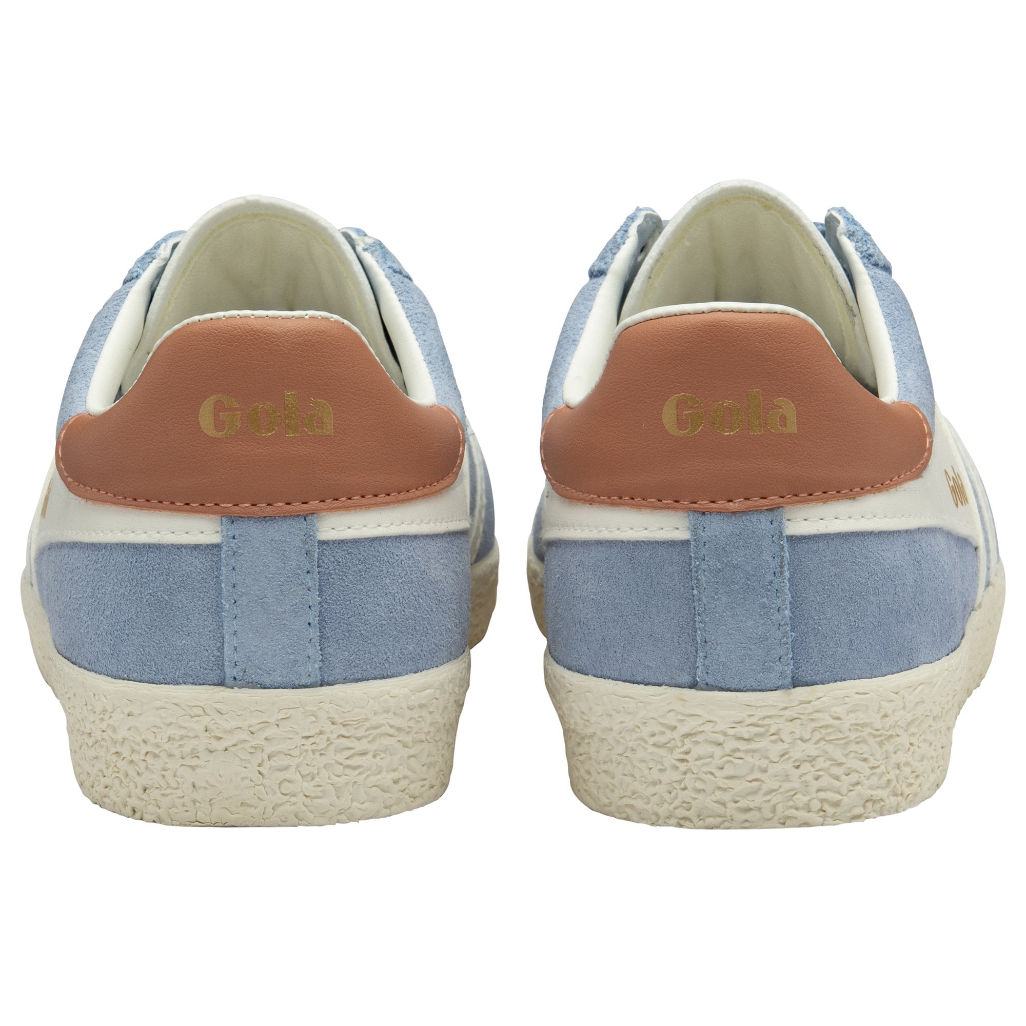 Rear view of two light blue Gola sneakers with tan heel tabs.
