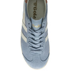 Top-down view of a light blue Gola sneaker with white stripes and tan heel tab.