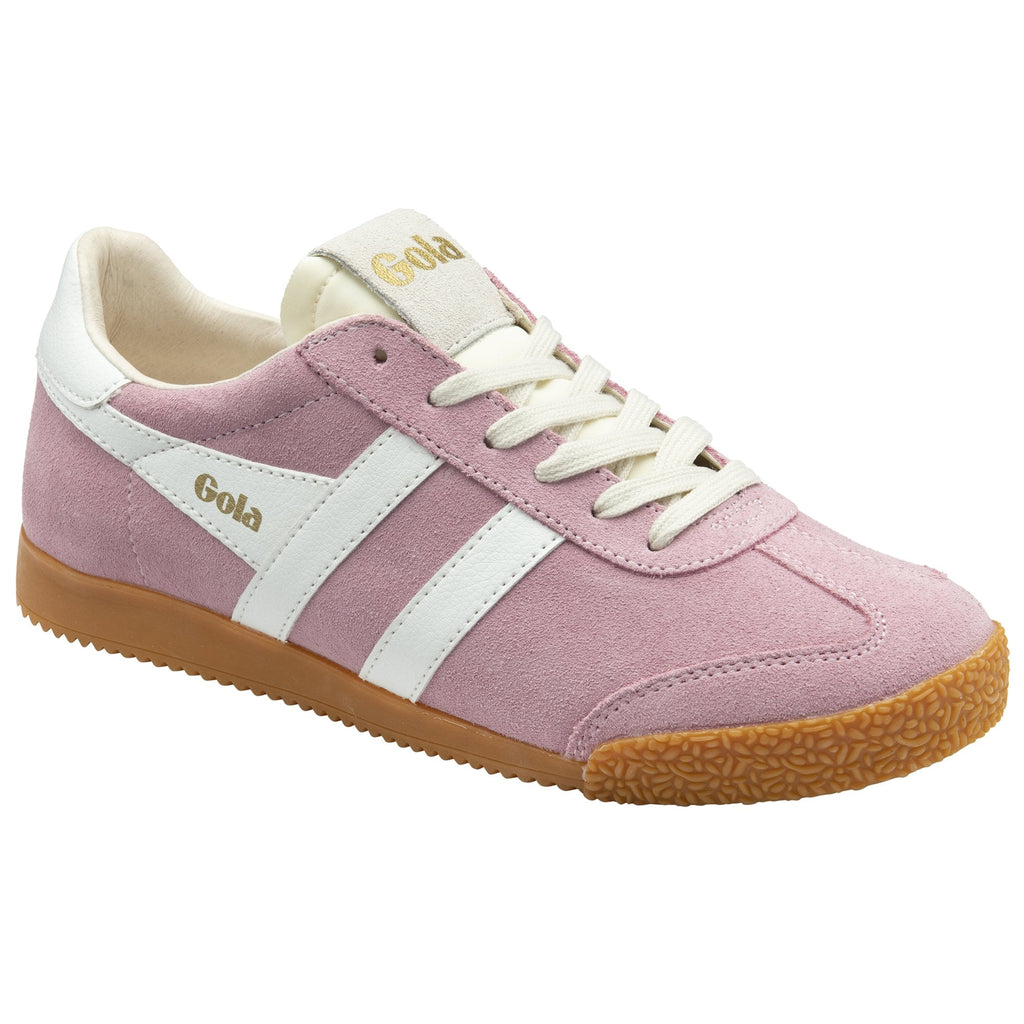 Front-side view of a Gola Orchid trainer in pink suede with white stripes and a gum sole.