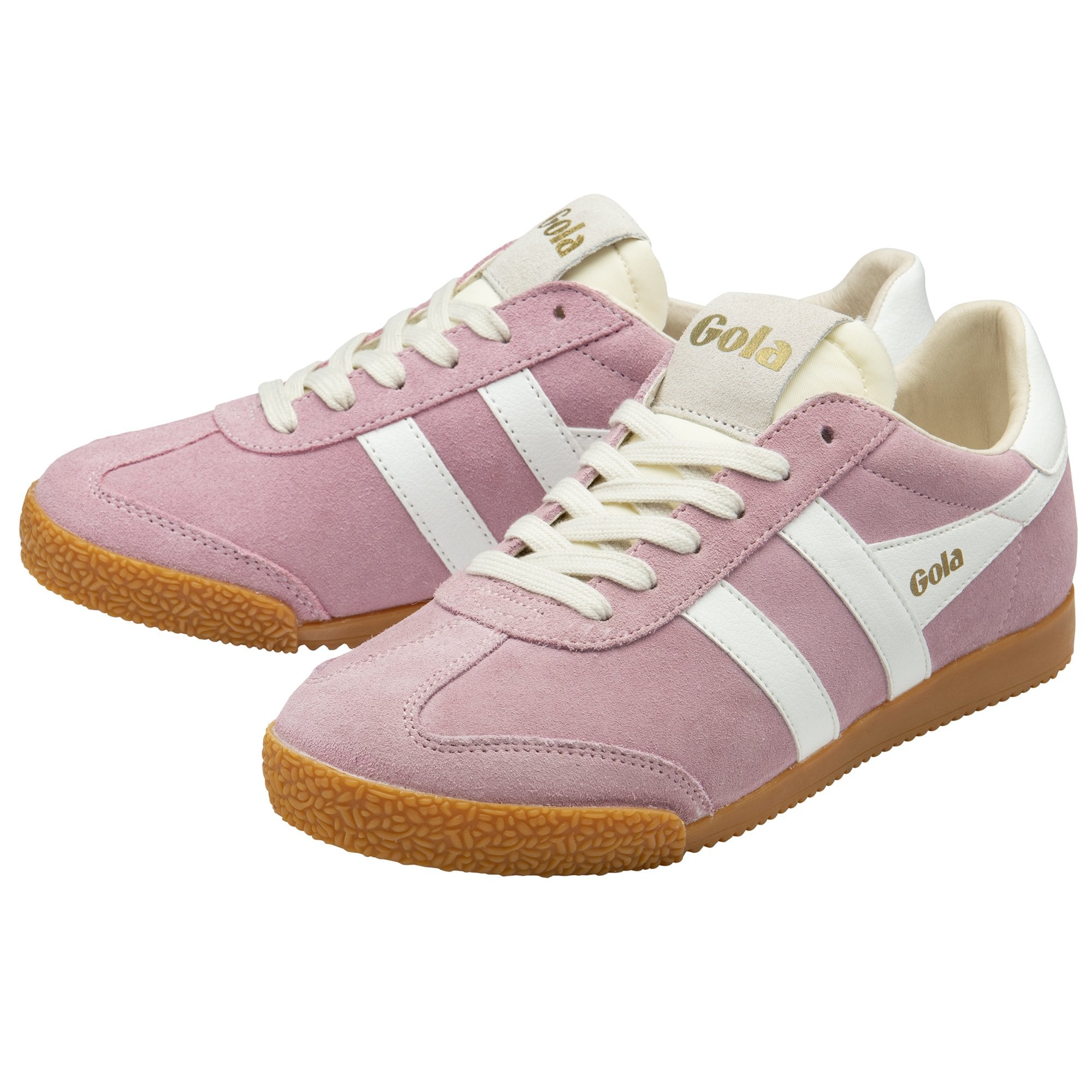 Pair of Gola Orchid trainers in pink suede with white stripes and gum soles.