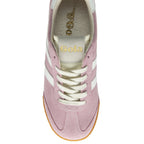 Top-down view of a Gola Orchid trainer in pink suede with white laces and a gum sole.