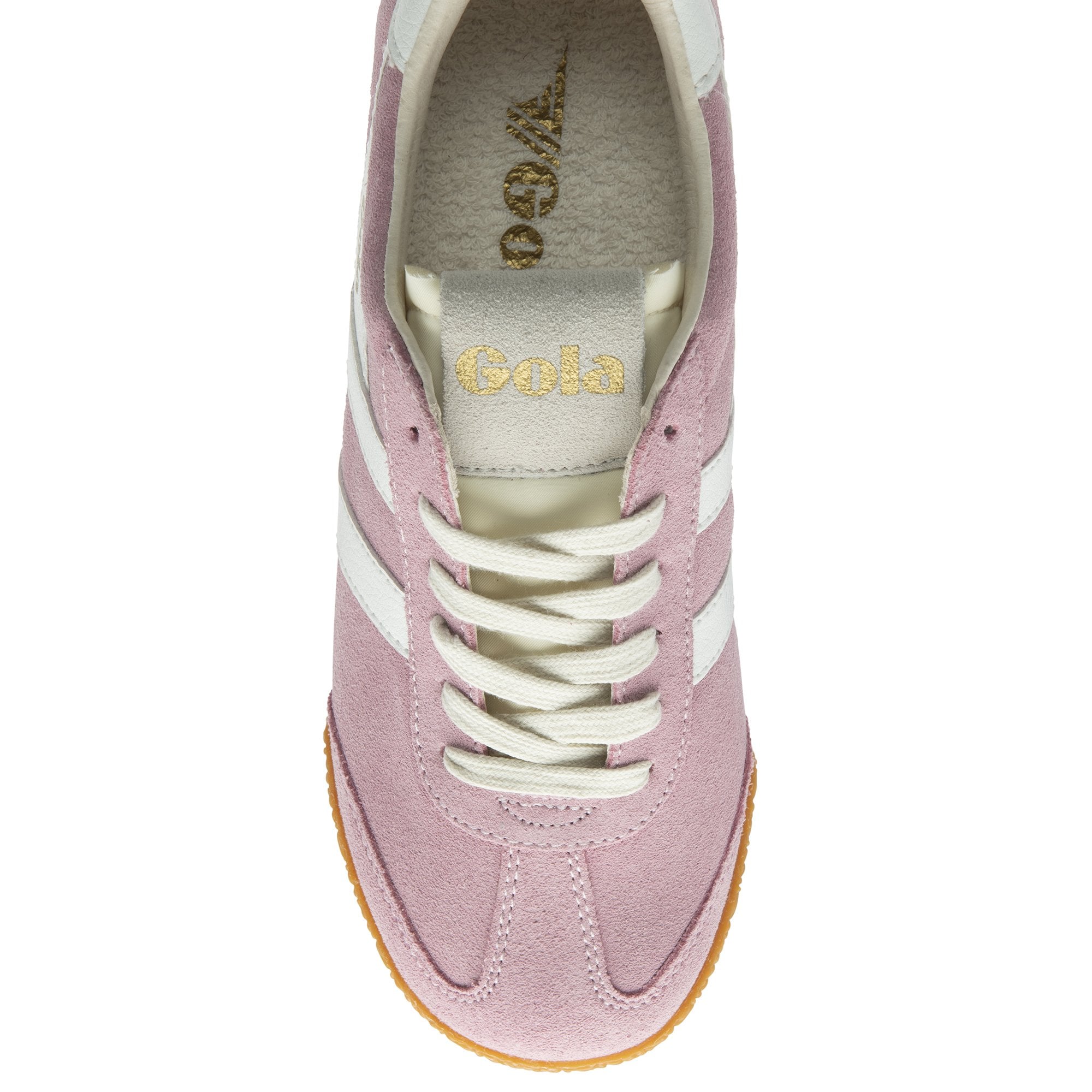 Top-down view of a Gola Orchid trainer in pink suede with white laces and a gum sole.