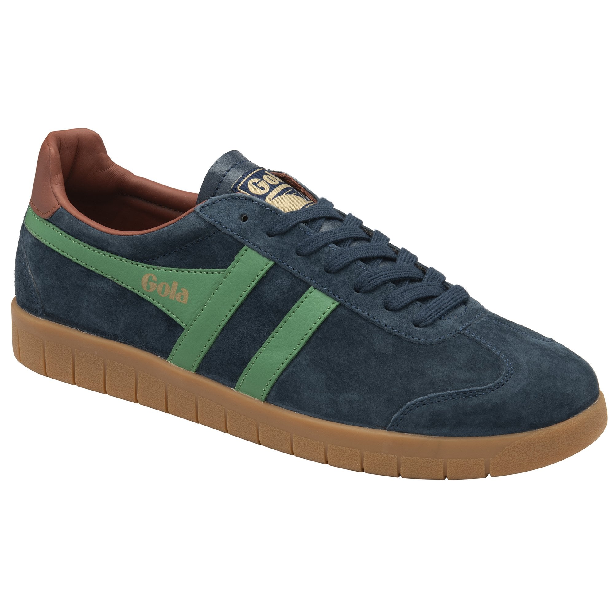 Angled view of a dark blue Gola sneaker with green stripes and a brown sole.