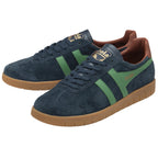 Pair of dark blue Gola sneakers with green stripes and brown soles.