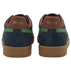 Rear view of a pair of dark blue Gola sneakers with green accents and brown soles.