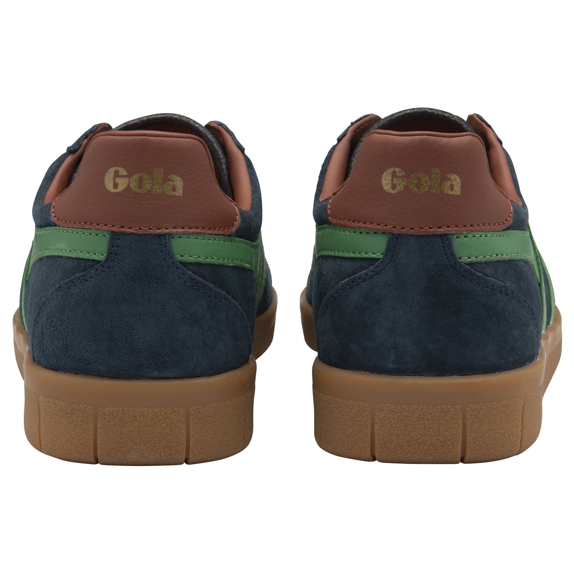 Rear view of a pair of dark blue Gola sneakers with green accents and brown soles.