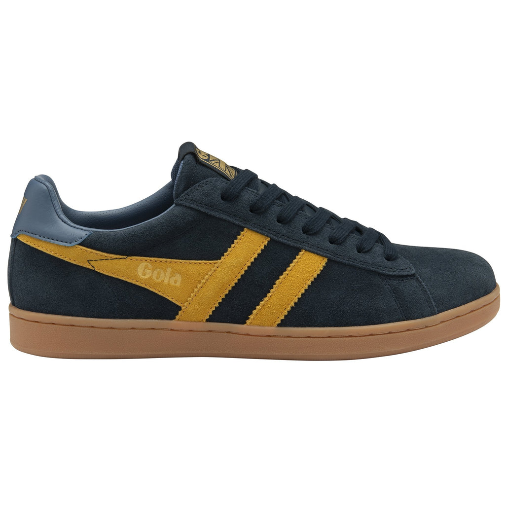 A single dark blue suede Gola trainer with two yellow stripes and a gum sole, viewed from the side.