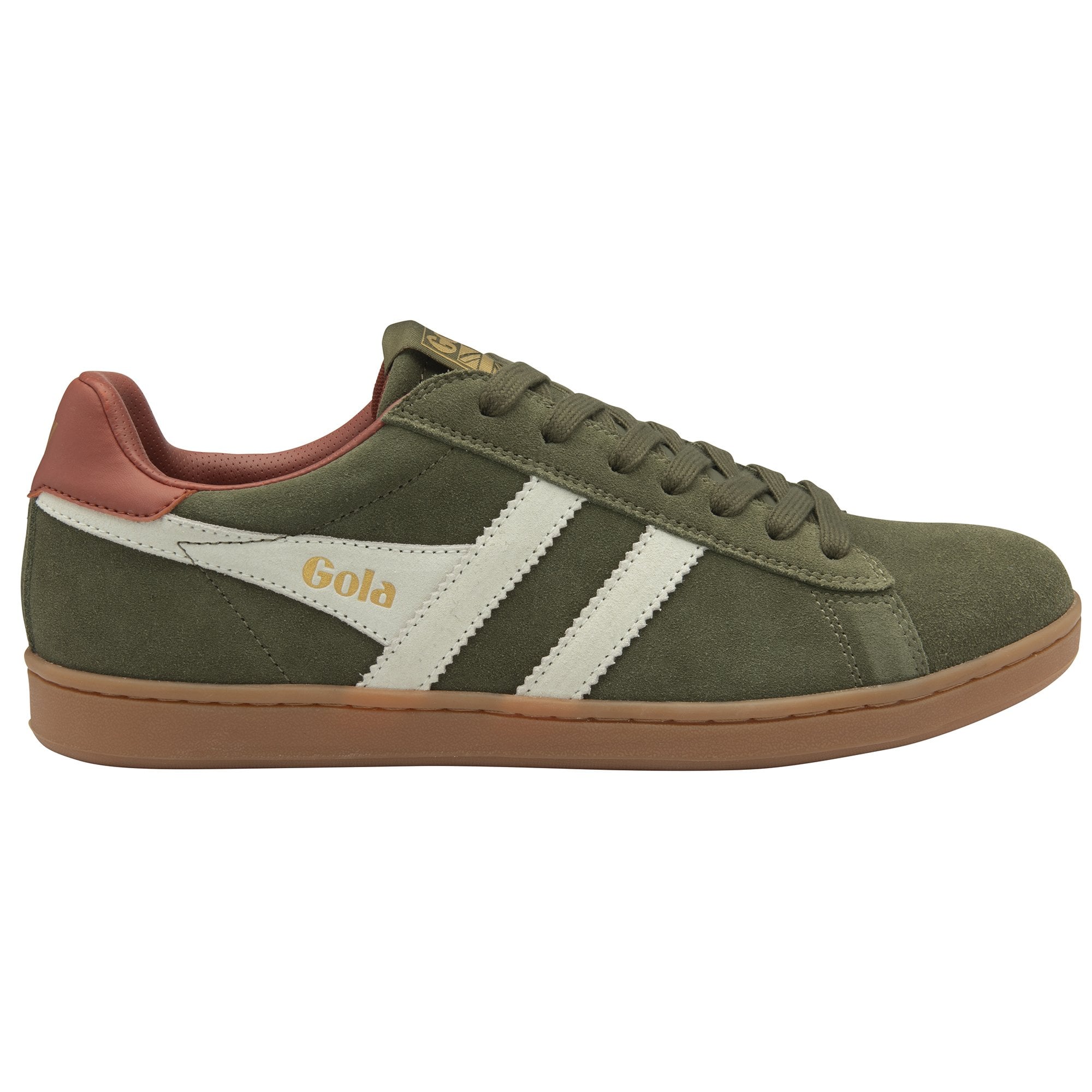 Side view of a single Gola men's shoe in olive green with white stripes and brown accents.