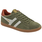 Angled side view of a single Gola men's shoe in olive green with white stripes and brown accents.