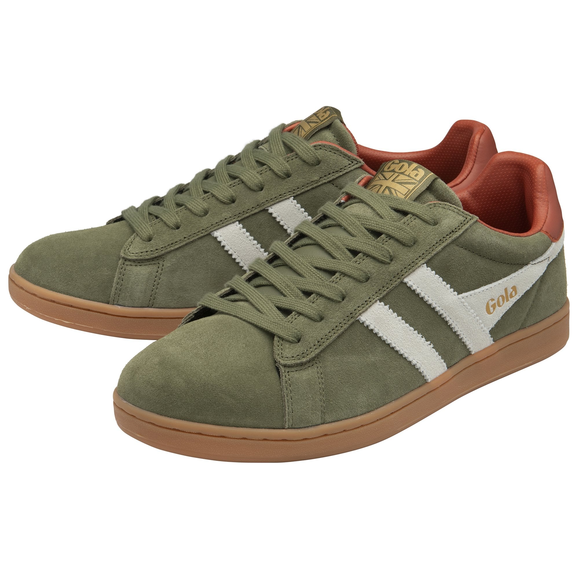 Pair of Gola men's shoes in olive green with white stripes and brown accents, angled.