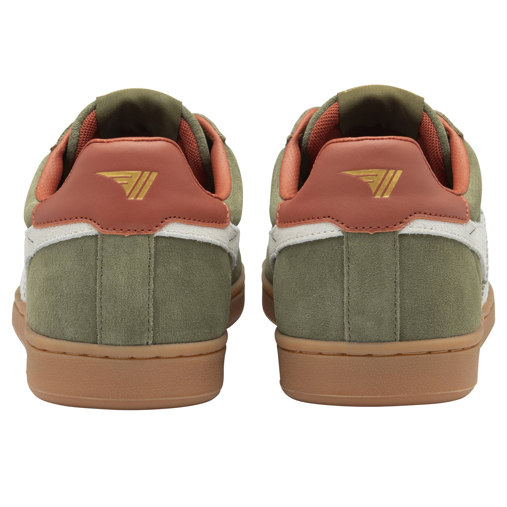 Back view of a pair of Gola men's shoes in olive green with brown heels and logos.