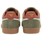 Back view of a pair of Gola men's shoes in olive green with brown heels and logos.