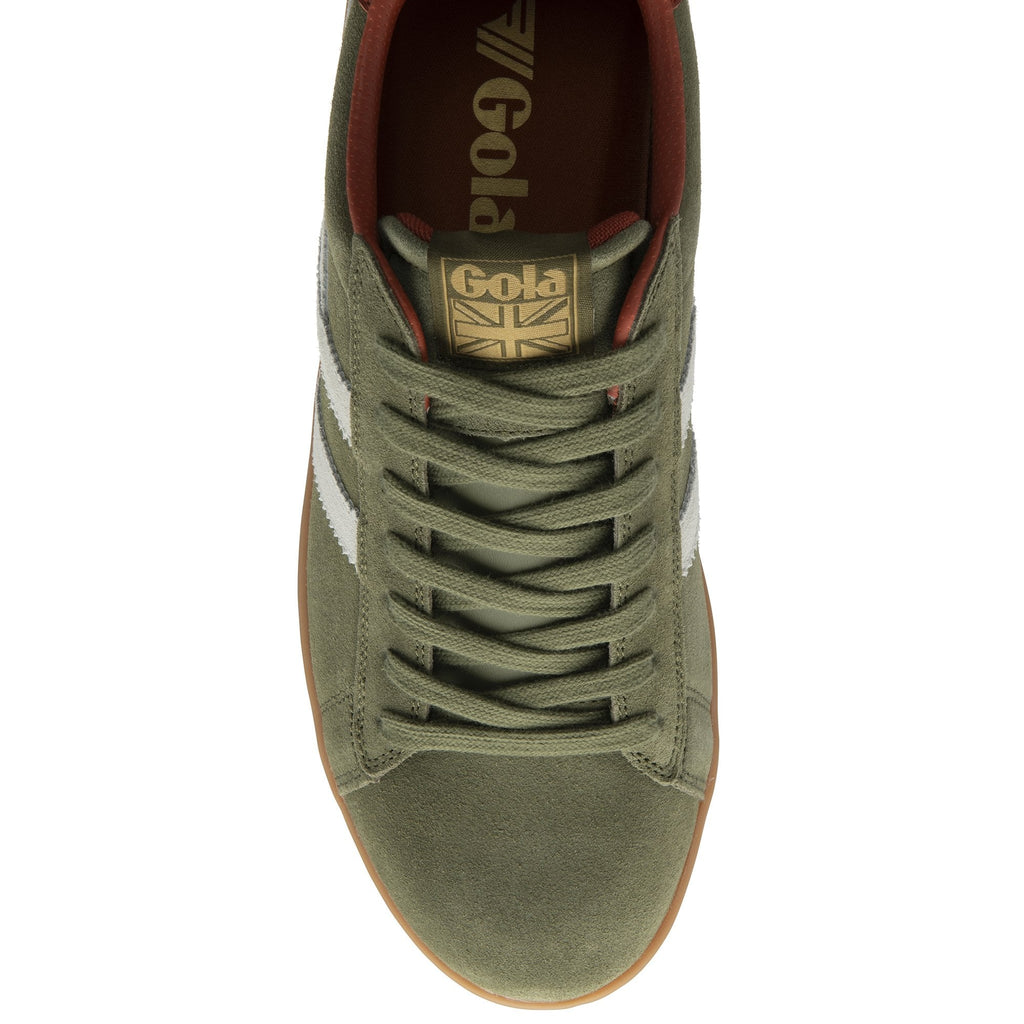 Top down view of a single Gola men's shoe in olive green with white stripes and laces.