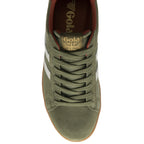 Top down view of a single Gola men's shoe in olive green with white stripes and laces.