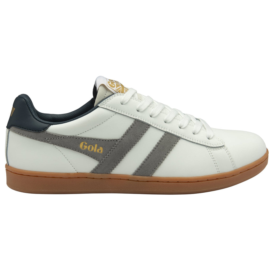 A white Gola sneaker with grey stripes and a brown sole, viewed from the side.
