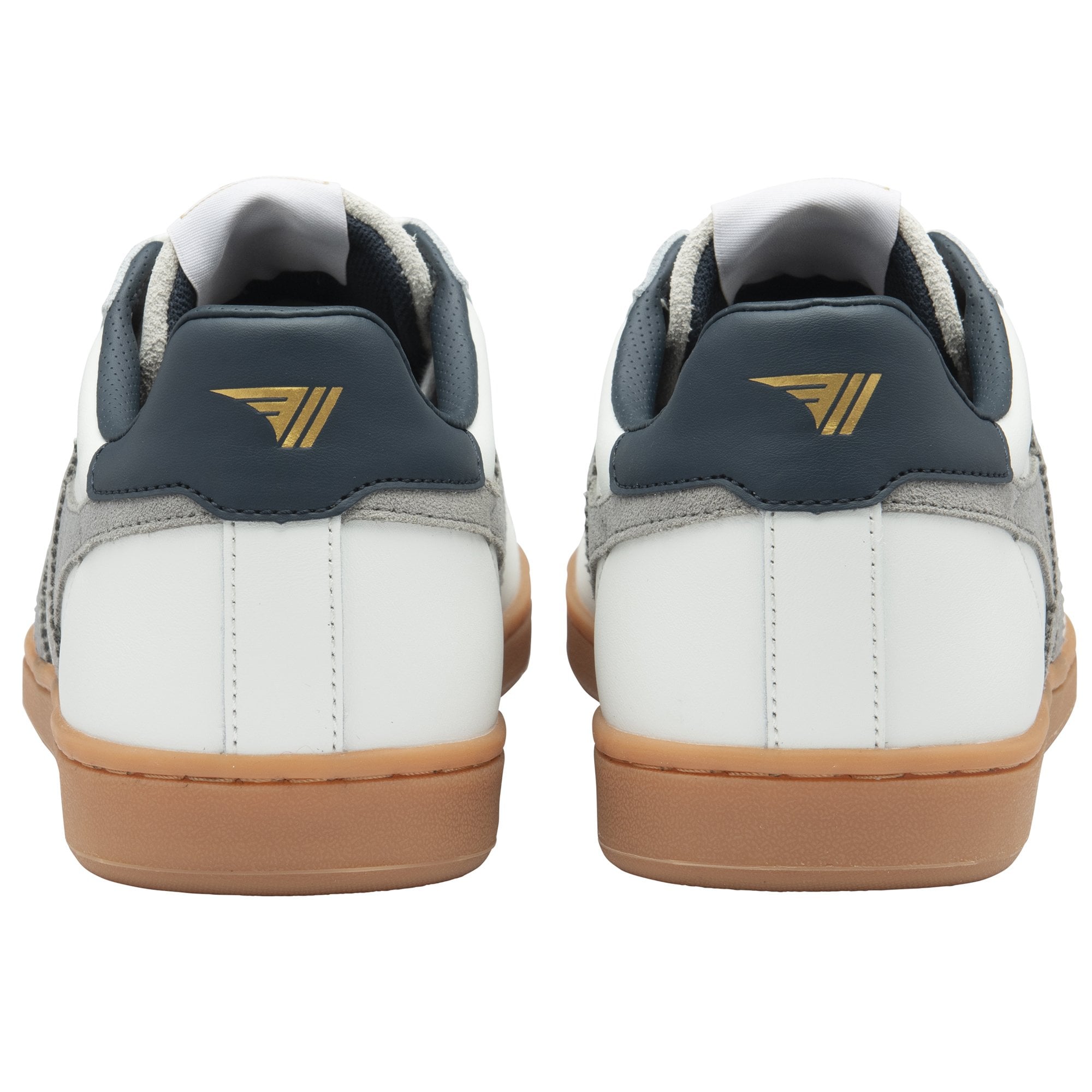 The rear view of two white Gola sneakers with navy heel tabs and gold logos.