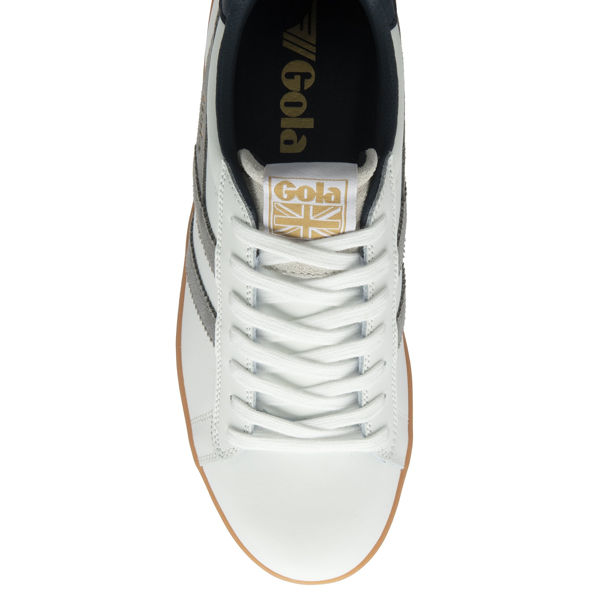 A top-down view of a white Gola sneaker with white laces and a gold tongue logo.