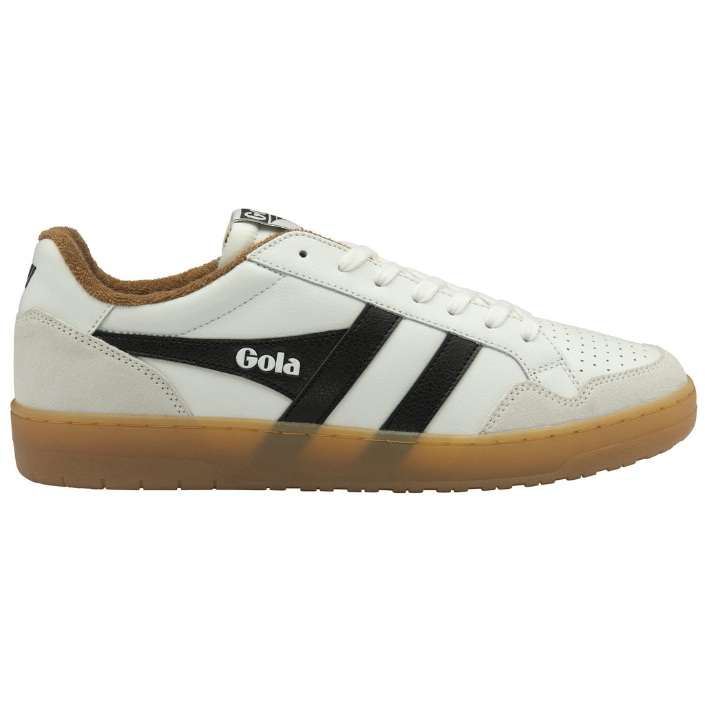 A single white Gola sneaker with black stripes and a gum sole, viewed from the side.