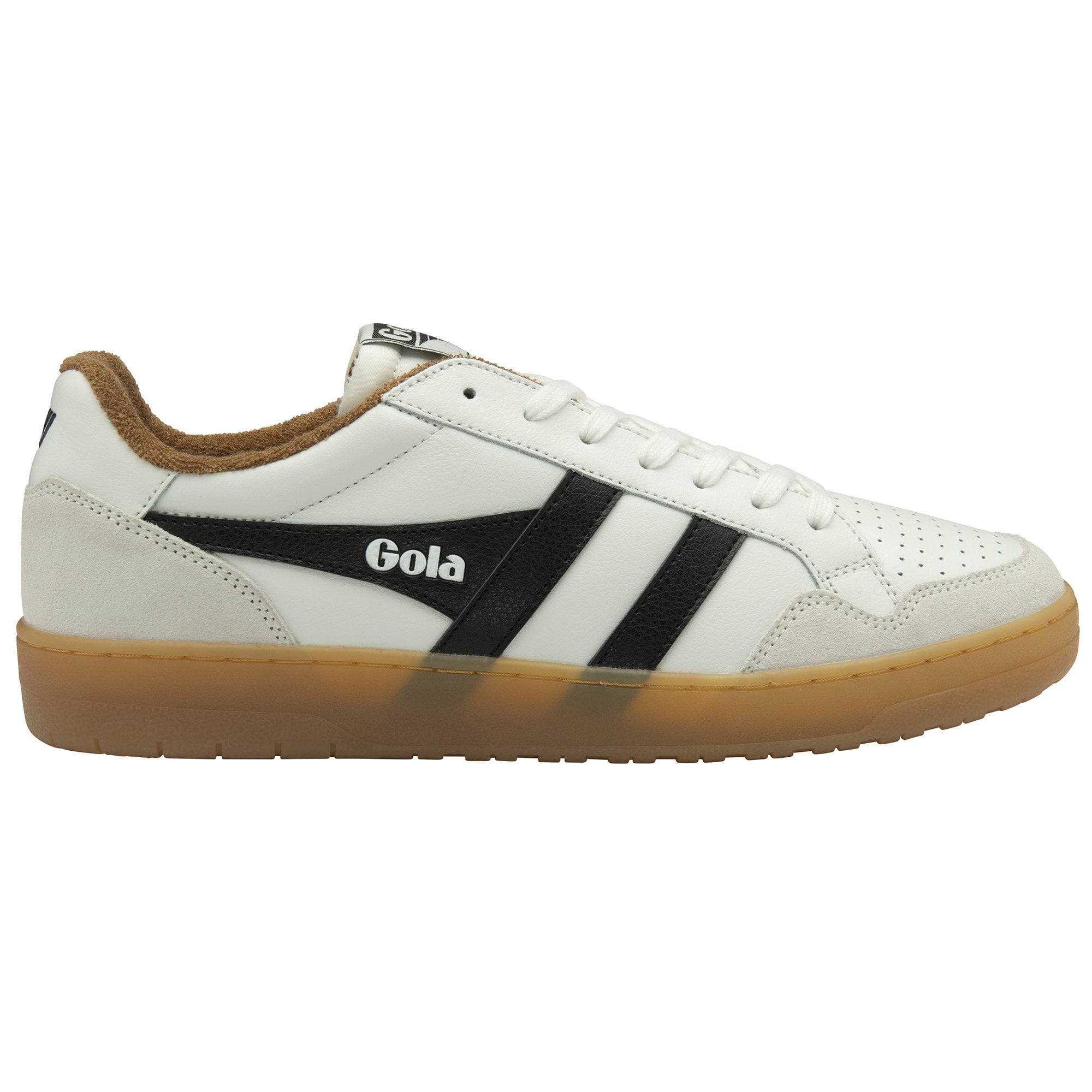 A single white Gola sneaker with black stripes and a gum sole, viewed from the side.