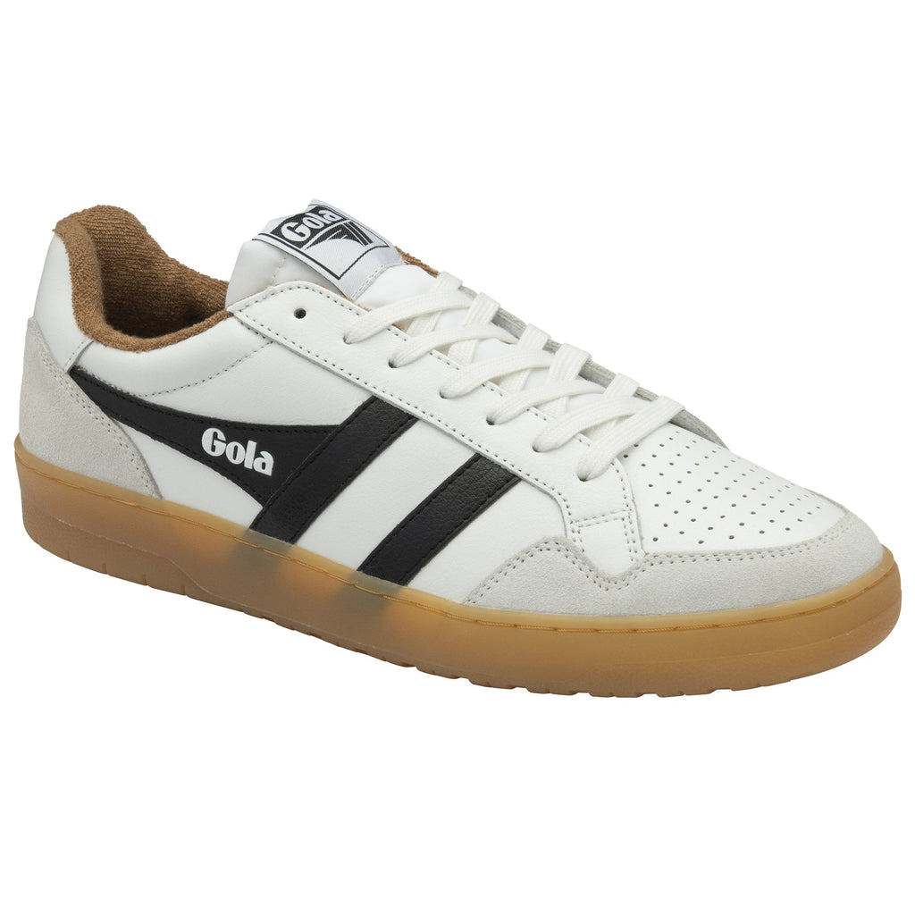 A single white Gola sneaker with black stripes and a gum sole, angled slightly.