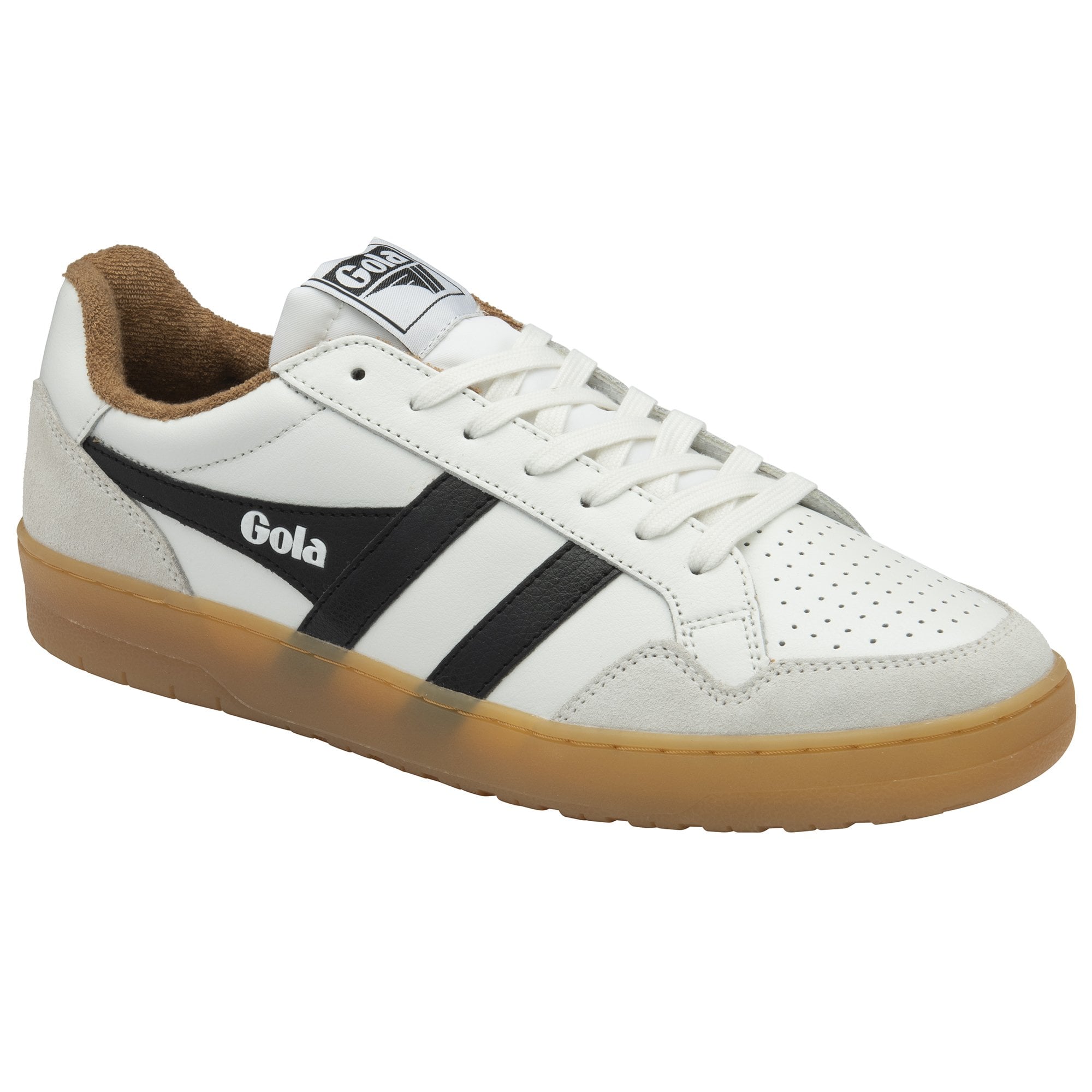 A single white Gola sneaker with black stripes and a gum sole, angled slightly.