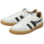 A pair of white Gola sneakers with black stripes and gum soles, angled for display.