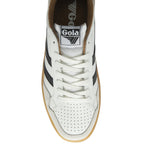 Top-down view of a white Gola sneaker, showcasing the laces, tongue, and toe perforations.