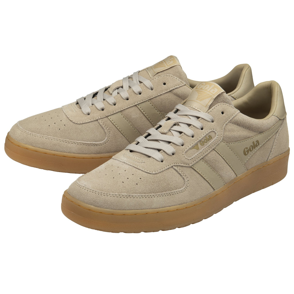 A pair of tan Gola Elan sneakers with gum soles, angled toward the viewer.