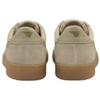 Rear view of two tan Gola Elan sneakers with gum soles, showing the heel logos.