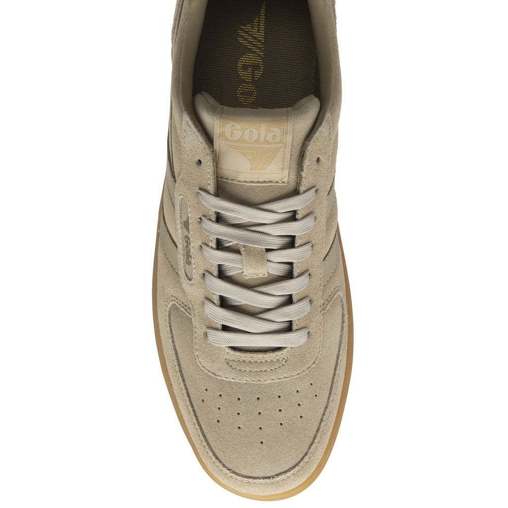 Top-down view of a tan Gola Elan sneaker, showing laces and toe perforations.