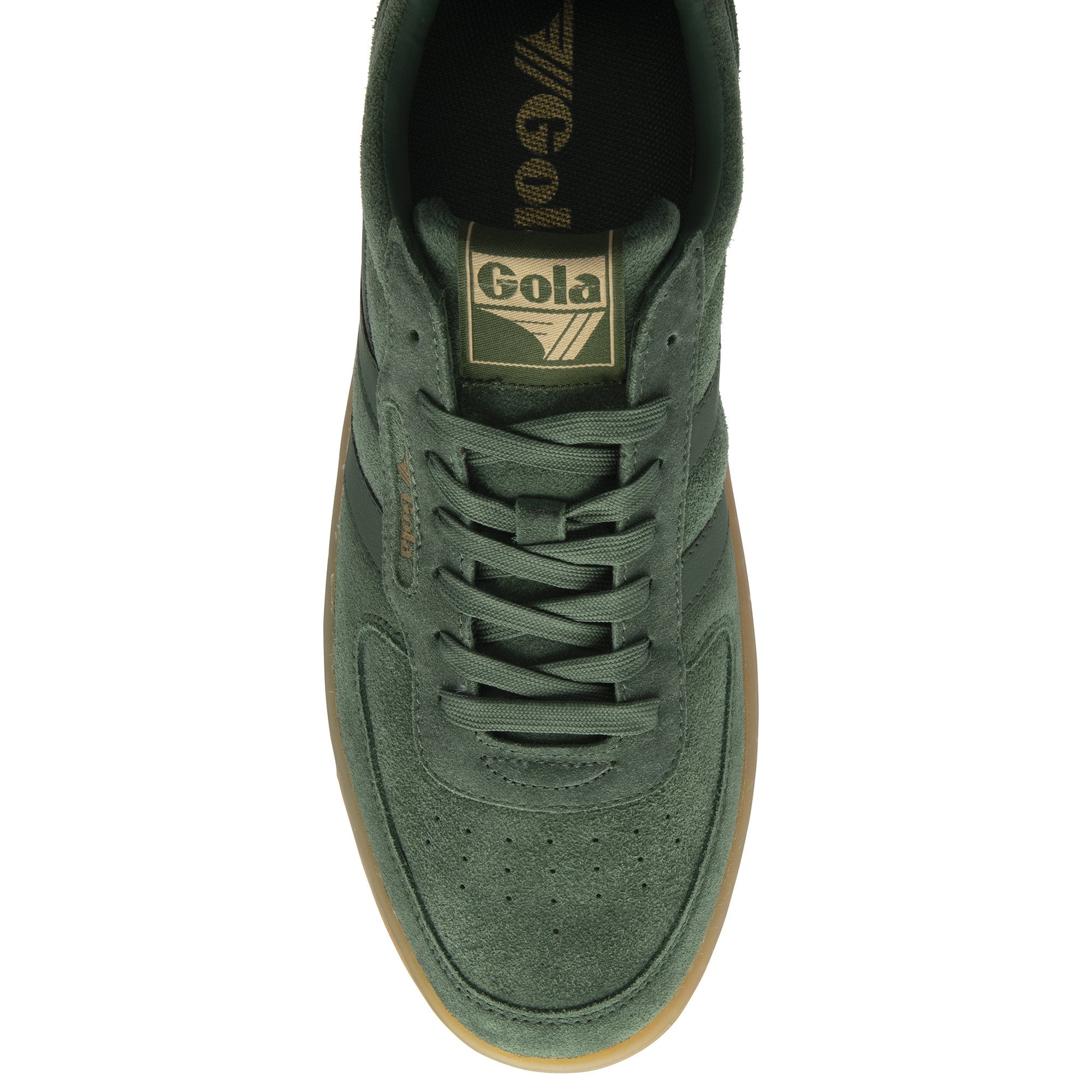 A single dark green Gola sneaker with a brown sole, viewed from directly above.