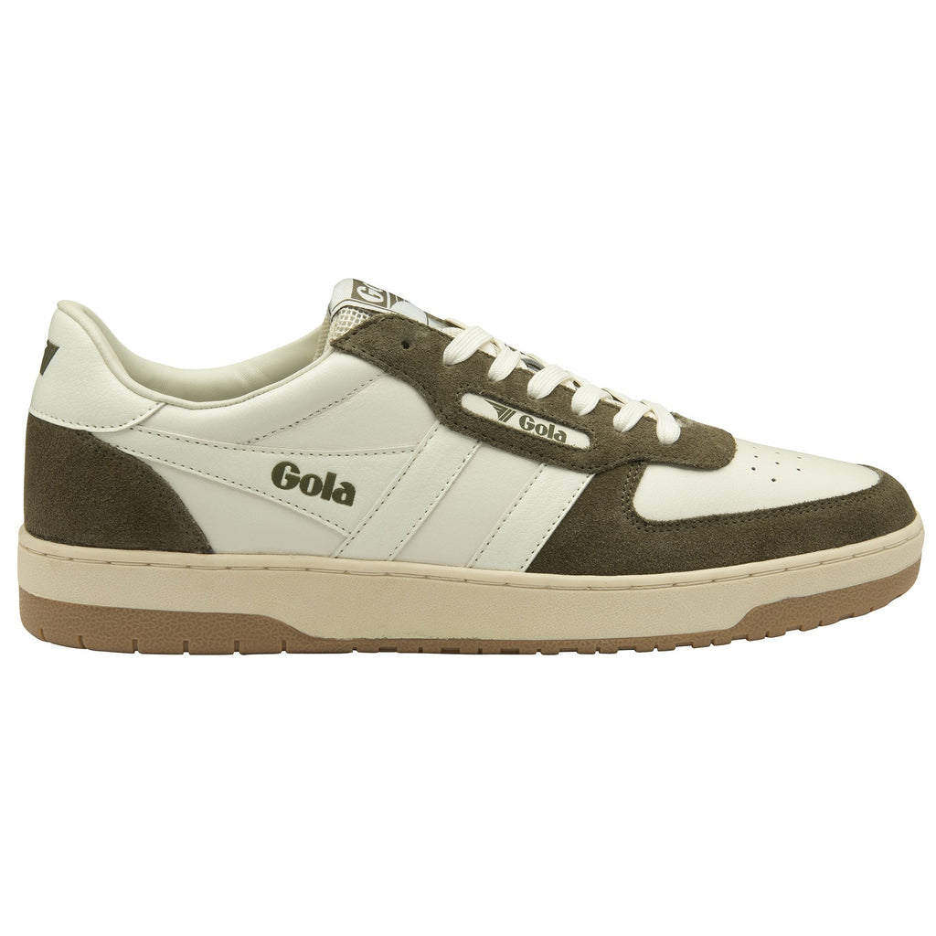 Side profile of a Gola shoe in off-white and olive green, with a gum sole. 