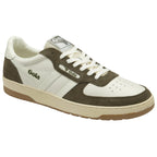 Front and side profile of a Gola shoe in off-white and olive green, with a gum sole.