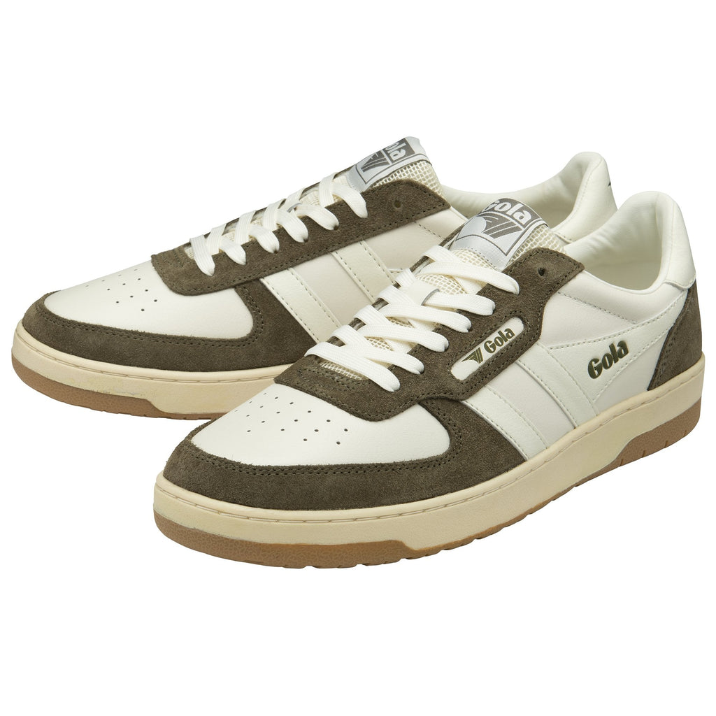 Pair of Gola shoes in off-white and olive green, with a gum sole.