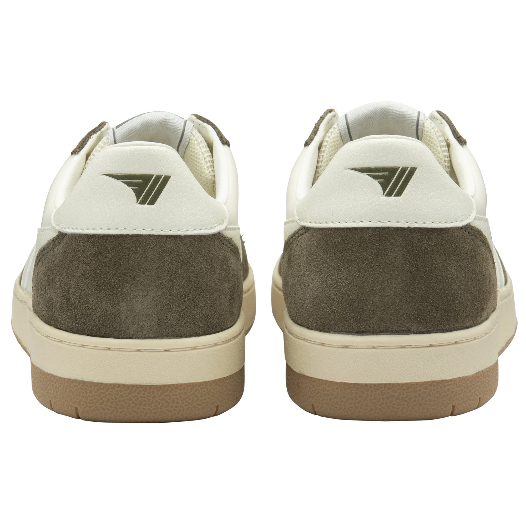 Rear view of a pair of Gola shoes in off-white and olive green, with a gum sole.