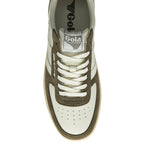 Top down view of a Gola shoe in off-white and olive green, with a gum sole.