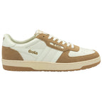 Side profile of a Gola trainer in off-white with tan suede detailing.