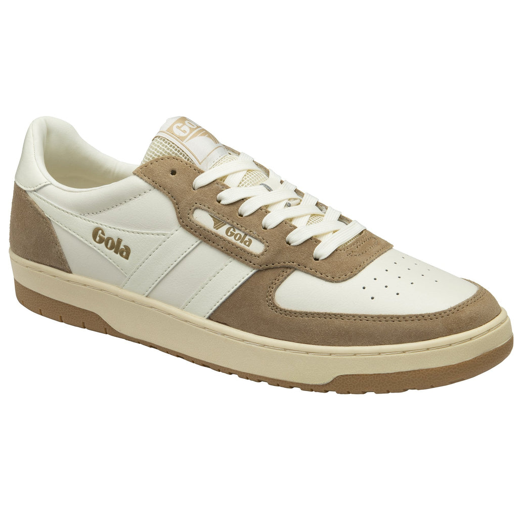 Angled side view of a Gola trainer in off-white with tan suede accents.
