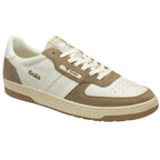 Angled side view of a Gola trainer in off-white with tan suede accents.